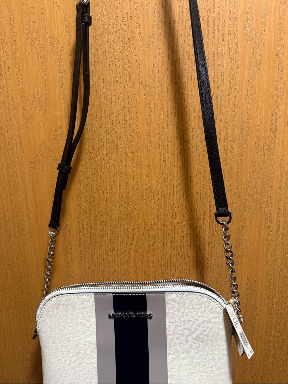 Michael Kors White Crossbody with Black and Gray Stripe